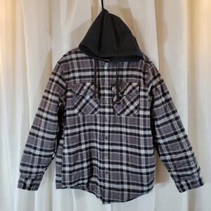 CQR Men’s Quilted Flannel Shirt Jacket Hooded Black Gray Plaid Size Large